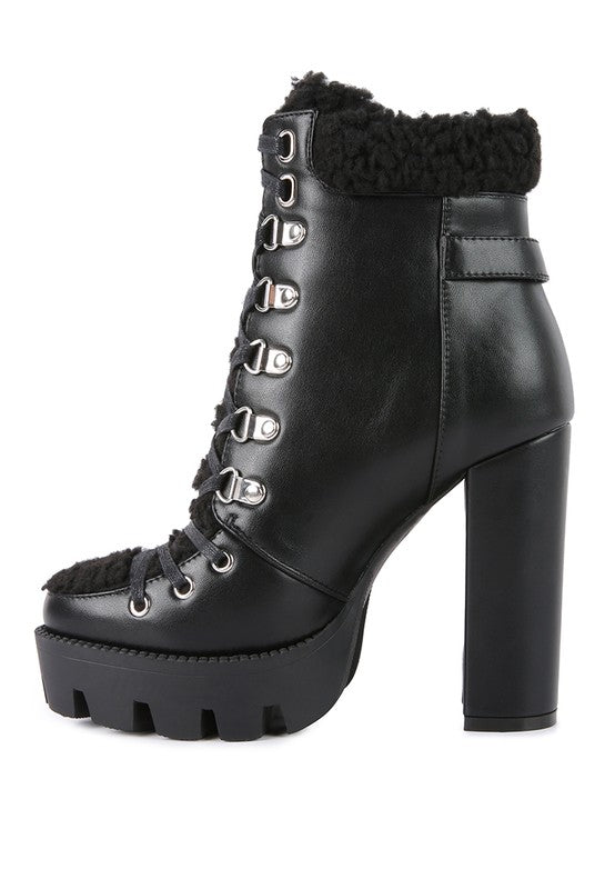 PINES Faux Leather Fur Collared Ankle Boots