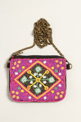 Floral Seed Beaded Coin Pouch with Chain