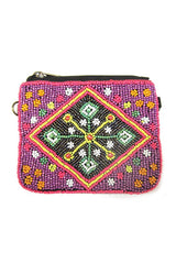 Floral Seed Beaded Coin Pouch with Chain
